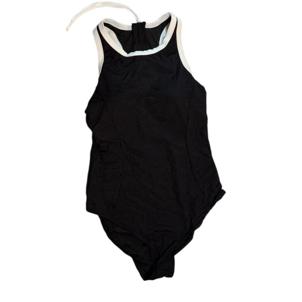 Charmo High Neck Back Zipper Ribbed One Piece Swimsuit black white piping large‎